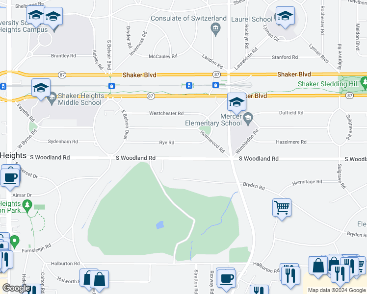 map of restaurants, bars, coffee shops, grocery stores, and more near 22531 Rye Road in Shaker Heights