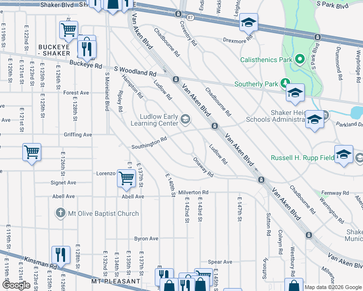 map of restaurants, bars, coffee shops, grocery stores, and more near 3105 Keswick Road in Shaker Heights