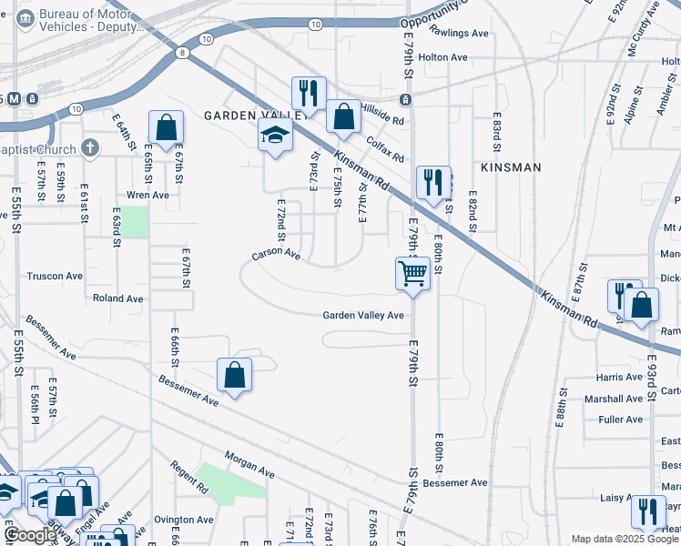 map of restaurants, bars, coffee shops, grocery stores, and more near 7409 Carson Avenue in Cleveland