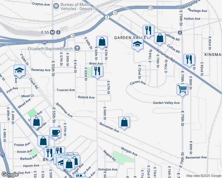 map of restaurants, bars, coffee shops, grocery stores, and more near 6619 Percy Avenue in Cleveland