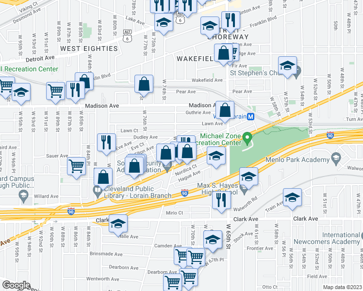 map of restaurants, bars, coffee shops, grocery stores, and more near 2082 West 73rd Street in Cleveland