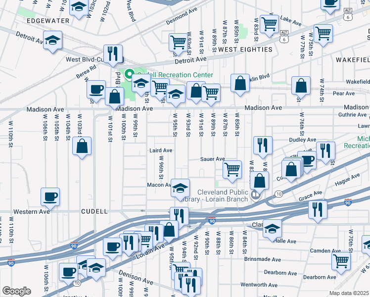 map of restaurants, bars, coffee shops, grocery stores, and more near 2073 West 93rd Street in Cleveland
