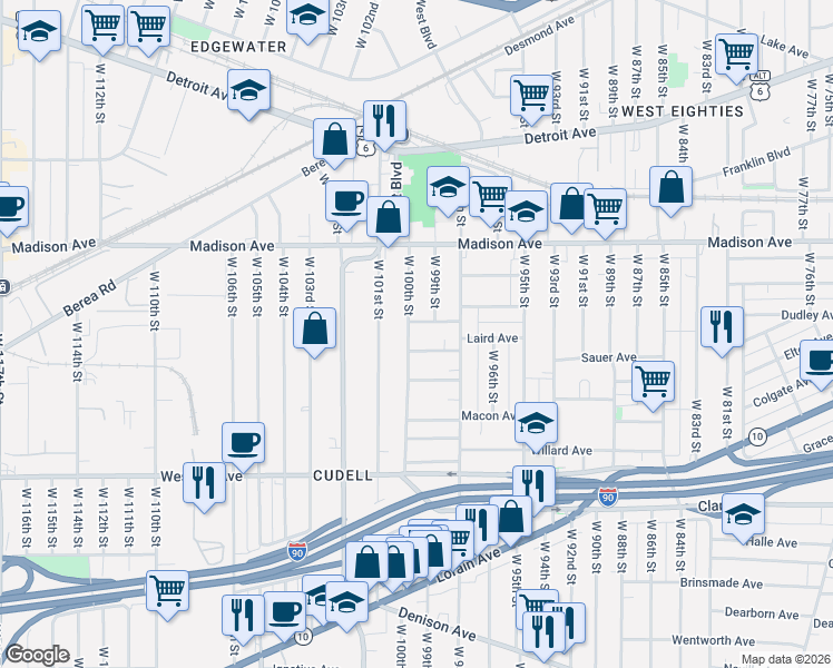 map of restaurants, bars, coffee shops, grocery stores, and more near 2073 West 100th Street in Cleveland