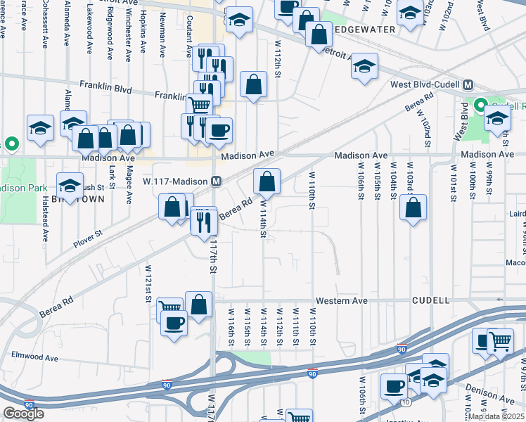 map of restaurants, bars, coffee shops, grocery stores, and more near 11400-11600 Berea Road in Cleveland