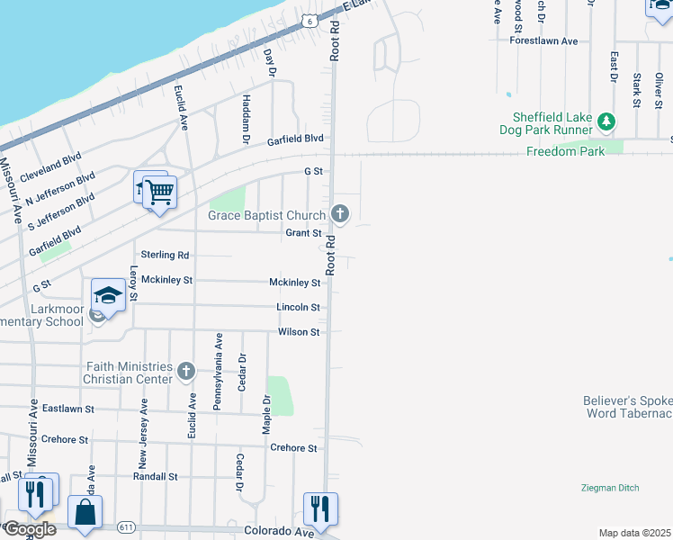map of restaurants, bars, coffee shops, grocery stores, and more near 918 Root Road in Lorain