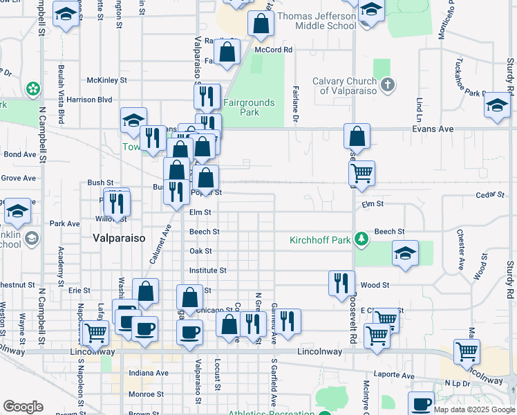 map of restaurants, bars, coffee shops, grocery stores, and more near 501-749 Poplar St in Valparaiso