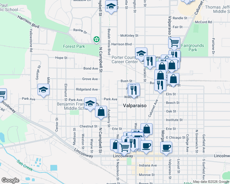 map of restaurants, bars, coffee shops, grocery stores, and more near 802 Academy Street in Valparaiso