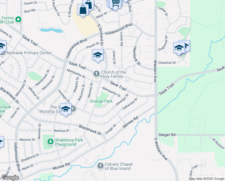 map of restaurants, bars, coffee shops, grocery stores, and more near 74 Marquette Street in Park Forest
