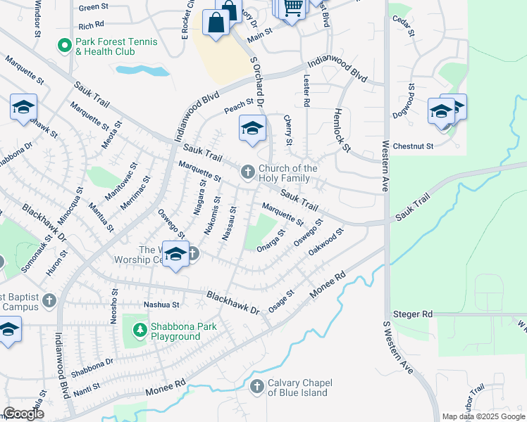 map of restaurants, bars, coffee shops, grocery stores, and more near 74 Marquette Street in Park Forest