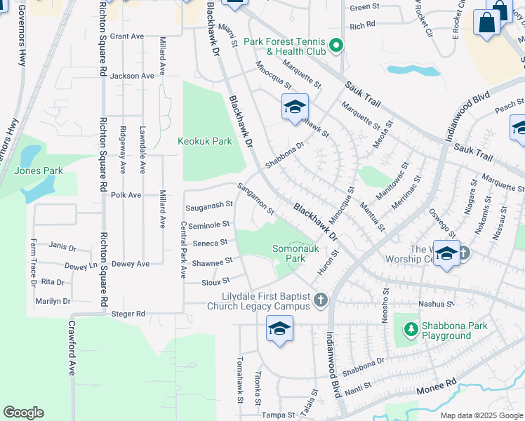 map of restaurants, bars, coffee shops, grocery stores, and more near 263 Sangamon Street in Park Forest