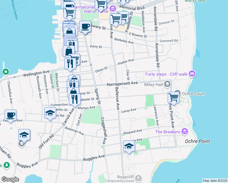 map of restaurants, bars, coffee shops, grocery stores, and more near 425 Bellevue Avenue in Newport