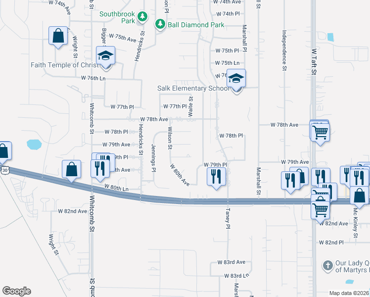 map of restaurants, bars, coffee shops, grocery stores, and more near 3326 West 79th Avenue in Merrillville