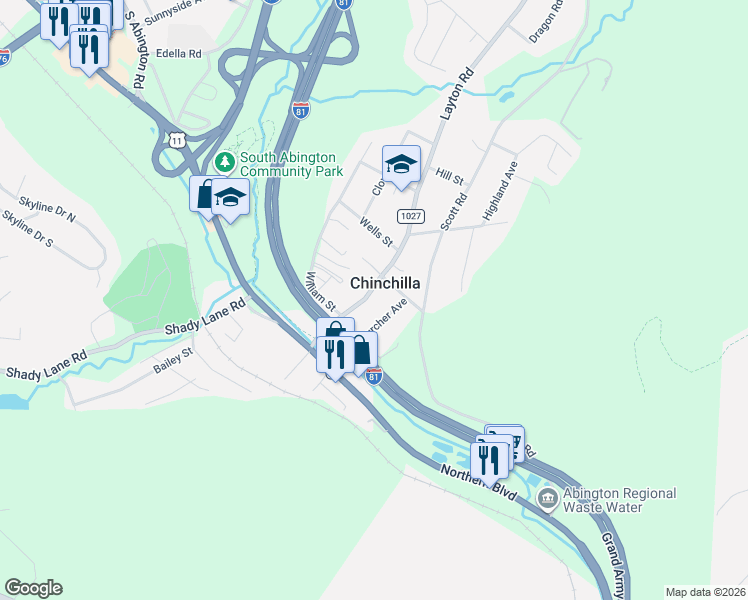 map of restaurants, bars, coffee shops, grocery stores, and more near 215 Layton Road in Lackawanna County