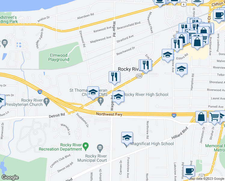 map of restaurants, bars, coffee shops, grocery stores, and more near Detroit Rd & Wagar Rd in Rocky River