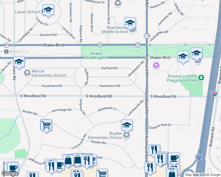 map of restaurants, bars, coffee shops, grocery stores, and more near 24814 Hazelmere Road in Beachwood