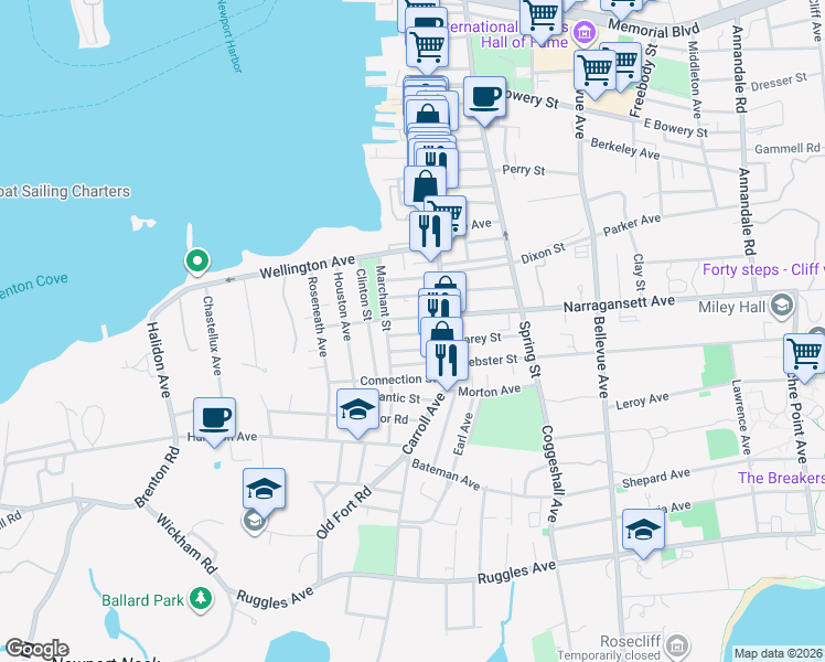 map of restaurants, bars, coffee shops, grocery stores, and more near 14 West Narragansett Avenue in Newport