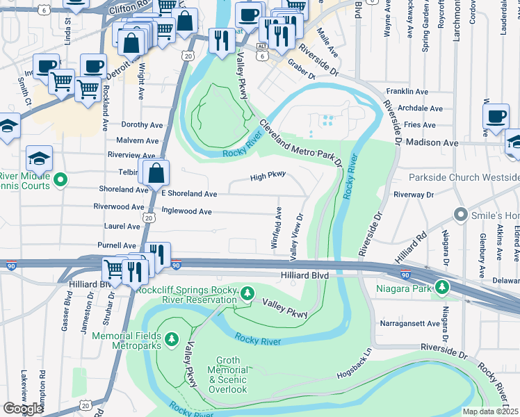 map of restaurants, bars, coffee shops, grocery stores, and more near 18771 East Shoreland Avenue in Rocky River