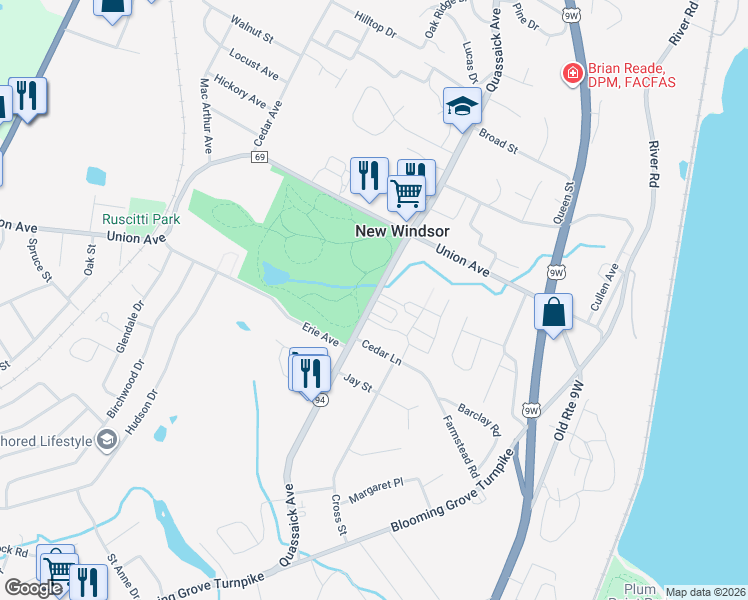map of restaurants, bars, coffee shops, grocery stores, and more near 1 On the Green in New Windsor
