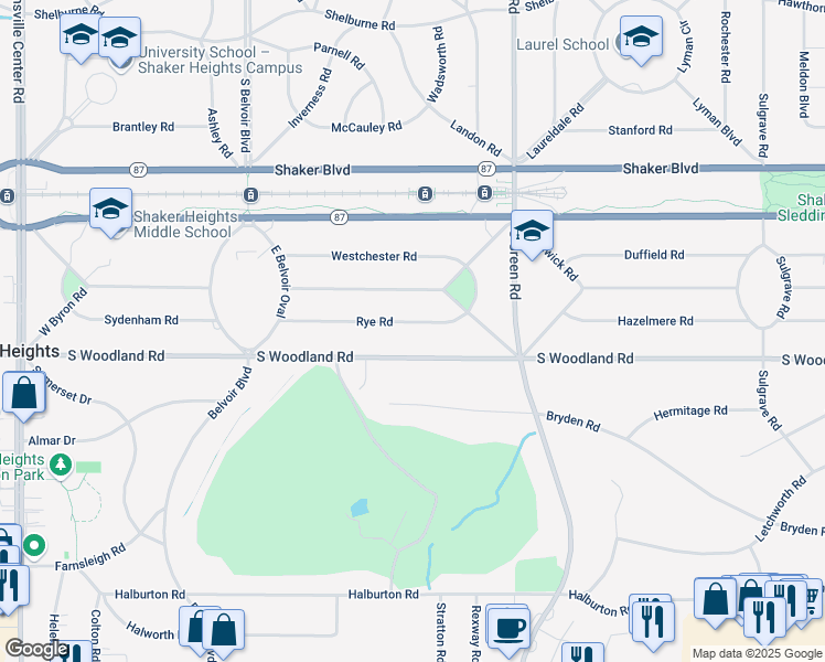 map of restaurants, bars, coffee shops, grocery stores, and more near 22531 Rye Road in Shaker Heights