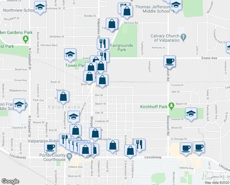 map of restaurants, bars, coffee shops, grocery stores, and more near 507 Elm Street in Valparaiso