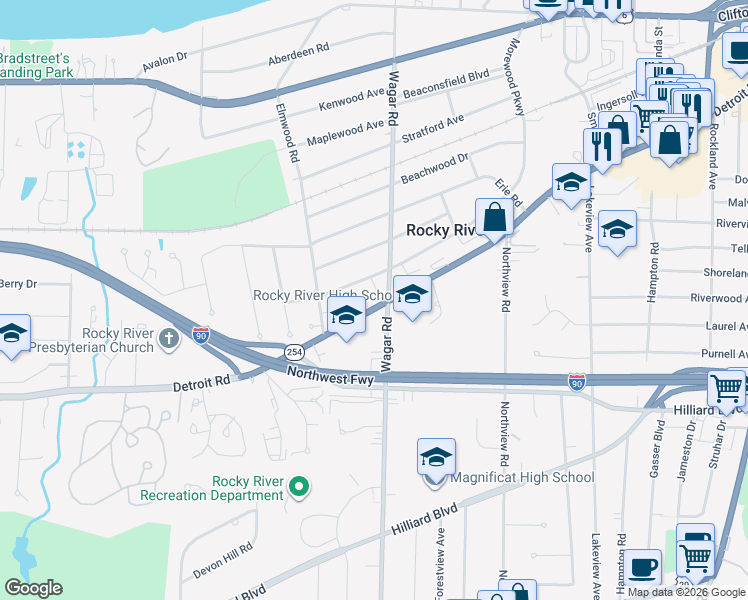 map of restaurants, bars, coffee shops, grocery stores, and more near 21030 Detroit Road in Rocky River