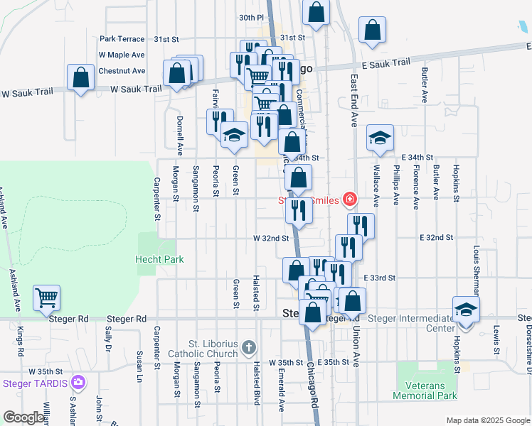 map of restaurants, bars, coffee shops, grocery stores, and more near 35 West 31st Place in Steger