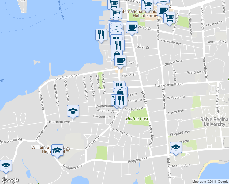 map of restaurants, bars, coffee shops, grocery stores, and more near 14 Stockholm Street in Newport