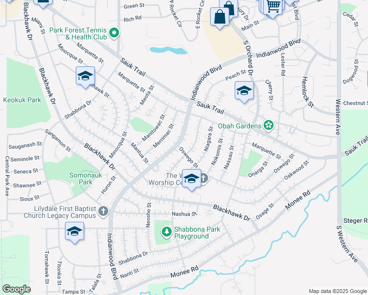 map of restaurants, bars, coffee shops, grocery stores, and more near 380 Oswego Street in Park Forest