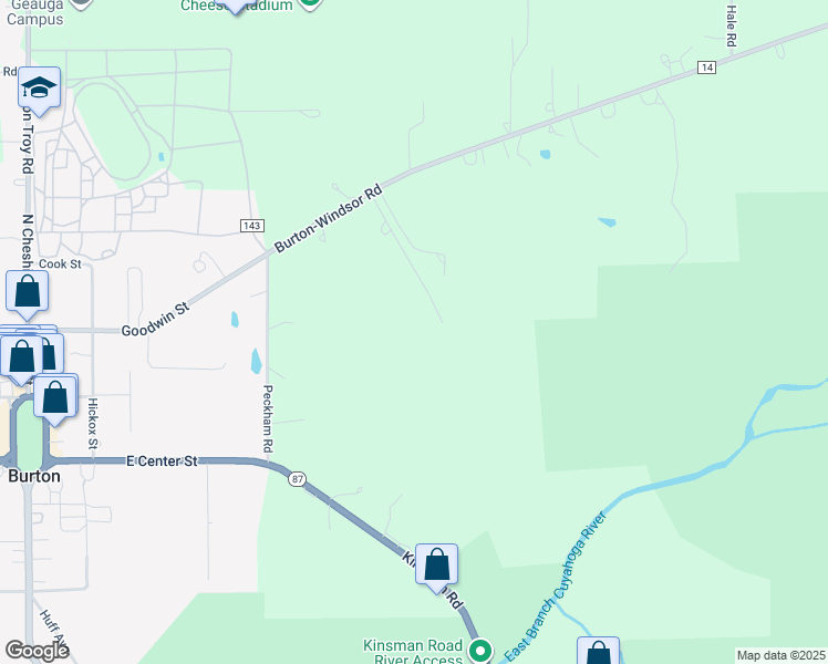 map of restaurants, bars, coffee shops, grocery stores, and more near 14253 Burton-Windsor Road in Burton