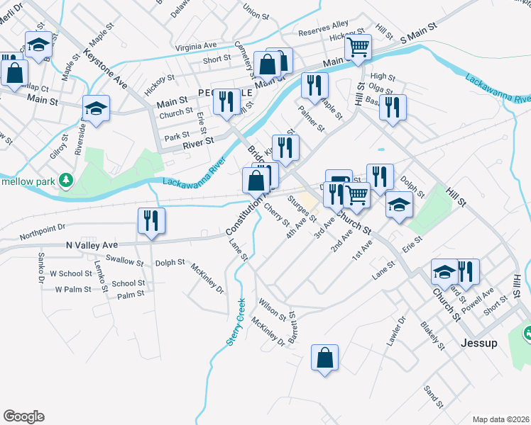 map of restaurants, bars, coffee shops, grocery stores, and more near 511 Delaware Street in Jessup
