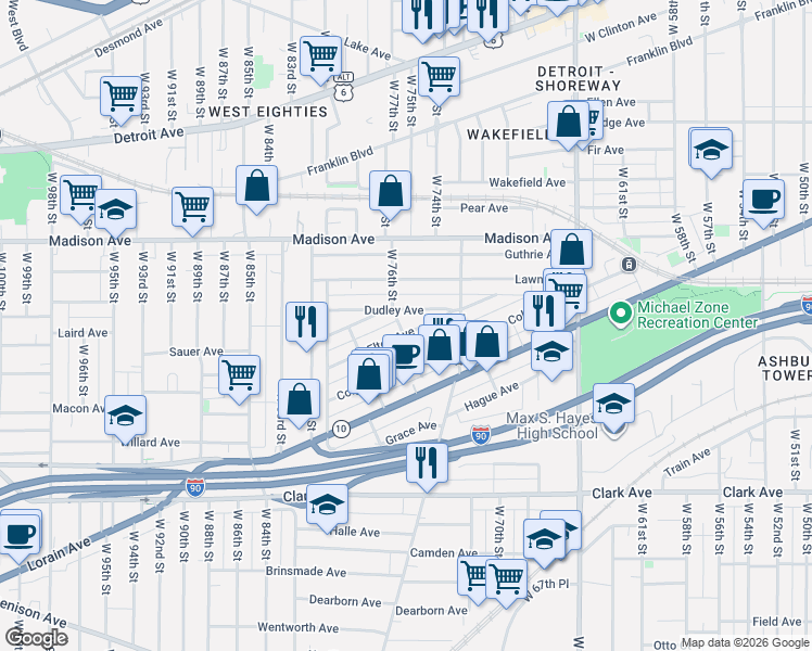 map of restaurants, bars, coffee shops, grocery stores, and more near 7415 Dudley Avenue in Cleveland