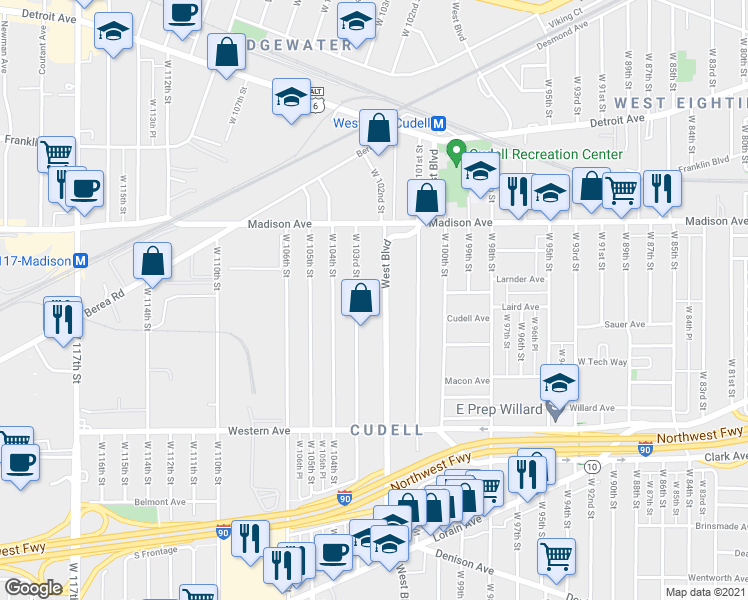 map of restaurants, bars, coffee shops, grocery stores, and more near 2072 West Boulevard in Cleveland