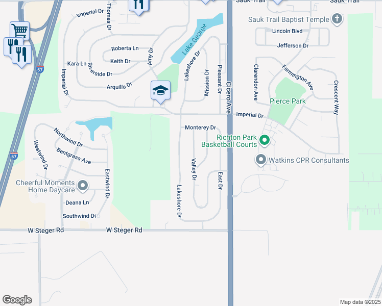 map of restaurants, bars, coffee shops, grocery stores, and more near 22822 Valley Drive in Richton Park