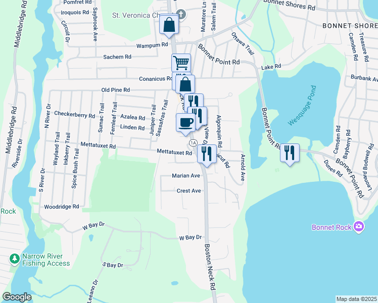 map of restaurants, bars, coffee shops, grocery stores, and more near 904 West Bay Drive in Narragansett