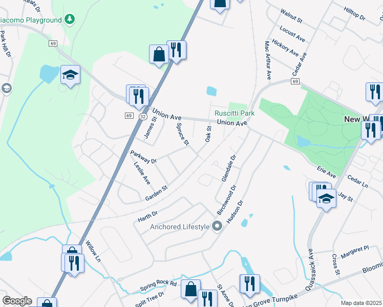 map of restaurants, bars, coffee shops, grocery stores, and more near 233 Spruce Street in New Windsor