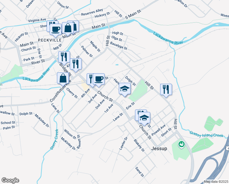 map of restaurants, bars, coffee shops, grocery stores, and more near 314 2nd Avenue in Jessup
