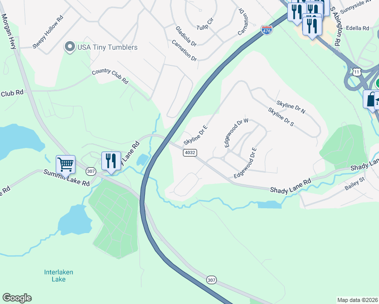 map of restaurants, bars, coffee shops, grocery stores, and more near 702 Shady Lane Road in Lackawanna County