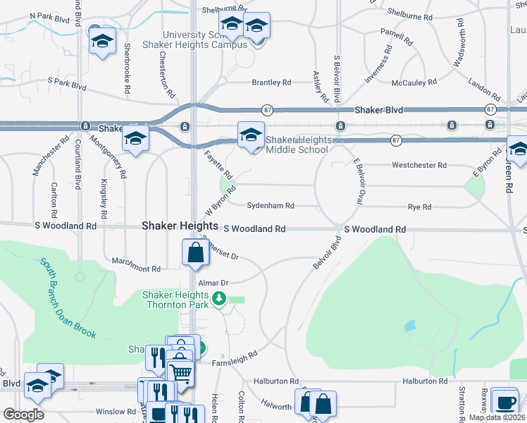 map of restaurants, bars, coffee shops, grocery stores, and more near 20887 Sydenham Road in Shaker Heights