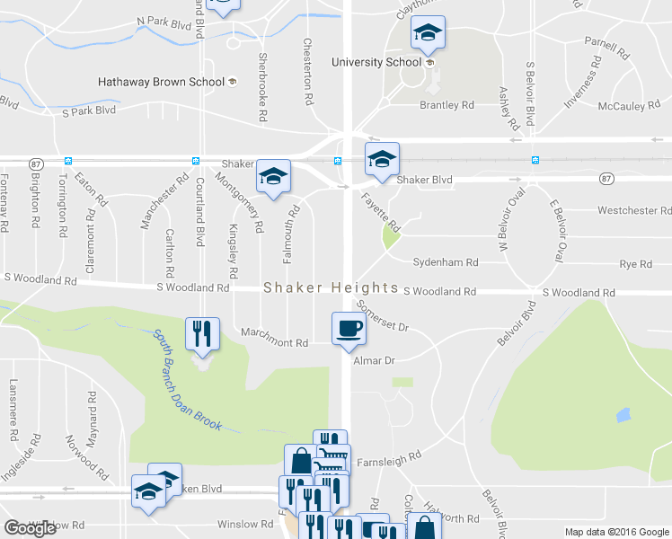 map of restaurants, bars, coffee shops, grocery stores, and more near 2996 Warrensville Center Road in Shaker Heights