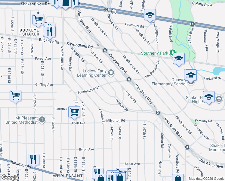 map of restaurants, bars, coffee shops, grocery stores, and more near 3105 Keswick Road in Shaker Heights