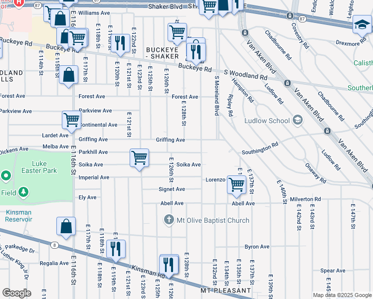 map of restaurants, bars, coffee shops, grocery stores, and more near 12902 Griffing Avenue in Cleveland