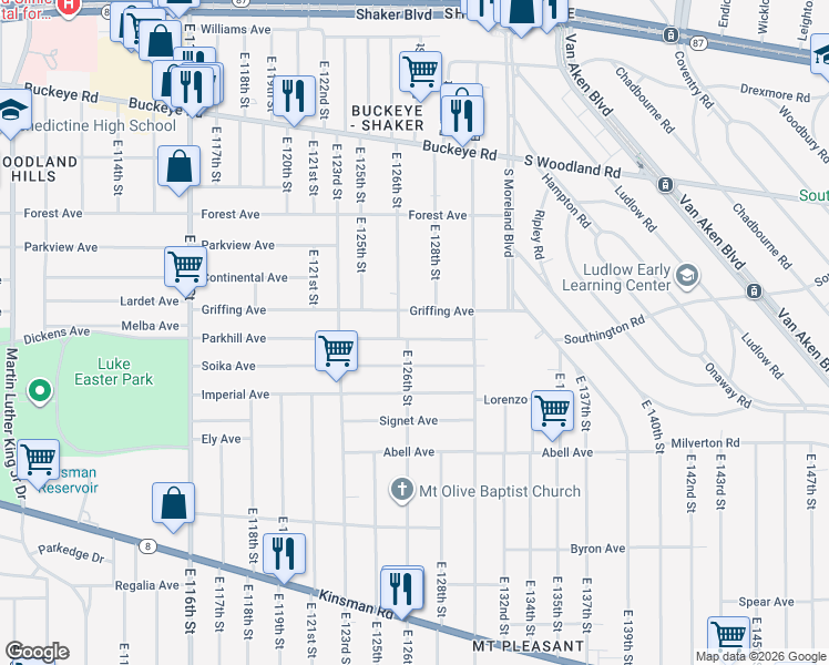 map of restaurants, bars, coffee shops, grocery stores, and more near 12702 Griffing Avenue in Cleveland