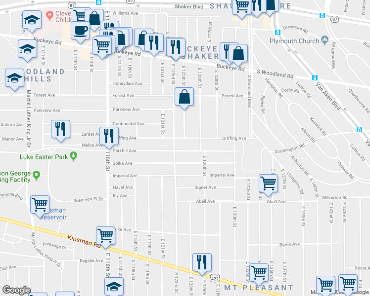 map of restaurants, bars, coffee shops, grocery stores, and more near 12520 Griffing Avenue in Cleveland