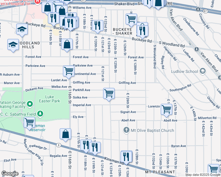 map of restaurants, bars, coffee shops, grocery stores, and more near 3065 East 123rd Street in Cleveland
