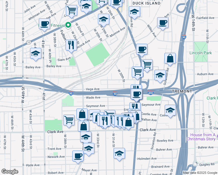map of restaurants, bars, coffee shops, grocery stores, and more near 3110 Barber Avenue in Cleveland