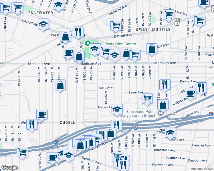 map of restaurants, bars, coffee shops, grocery stores, and more near 9617 Larnder Avenue in Cleveland