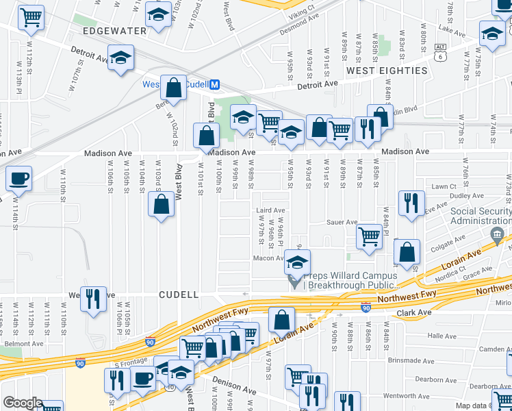 map of restaurants, bars, coffee shops, grocery stores, and more near 9617 Larnder Avenue in Cleveland