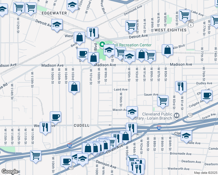 map of restaurants, bars, coffee shops, grocery stores, and more near 9810 Marietta Avenue in Cleveland