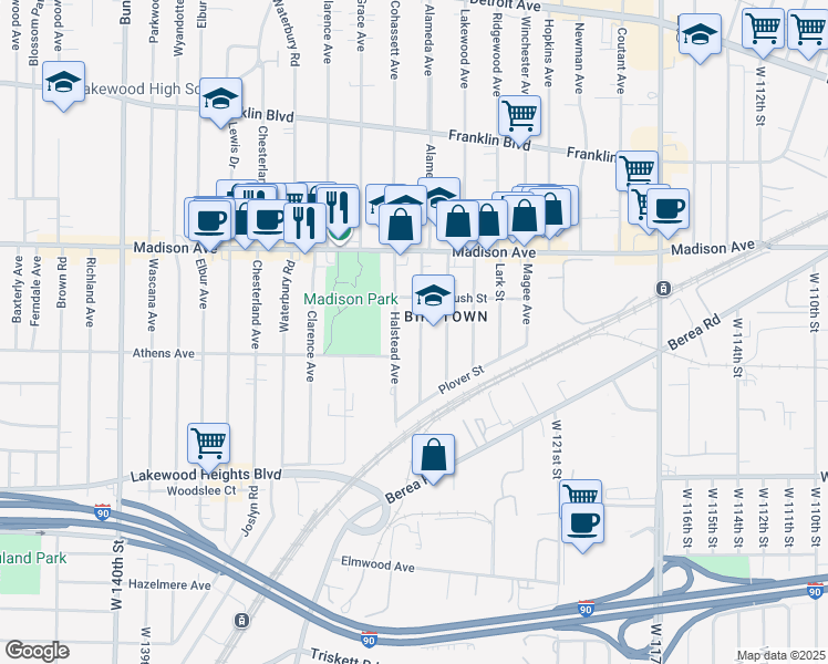 map of restaurants, bars, coffee shops, grocery stores, and more near 2069 Halstead Avenue in Lakewood