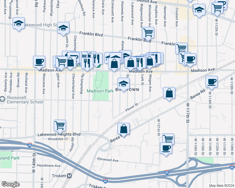 map of restaurants, bars, coffee shops, grocery stores, and more near 2069 Halstead Avenue in Lakewood